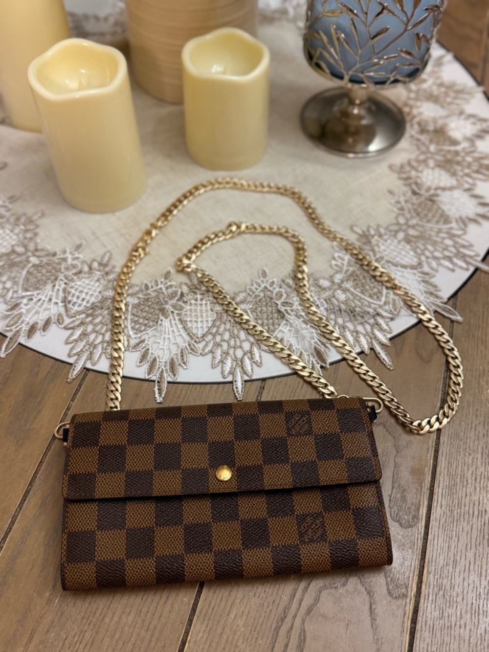 Louis Vuitton Brown Damier Ebene Crossbody with Gold Chain